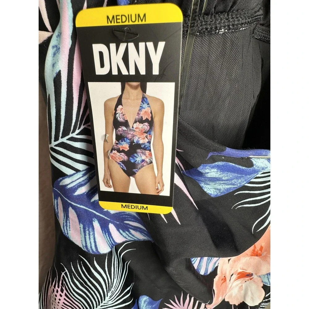 NEW DKNY Swimsuit One Piece Womens Medium Black Floral Halter Tummy Control UPF - Picture 3 of 6